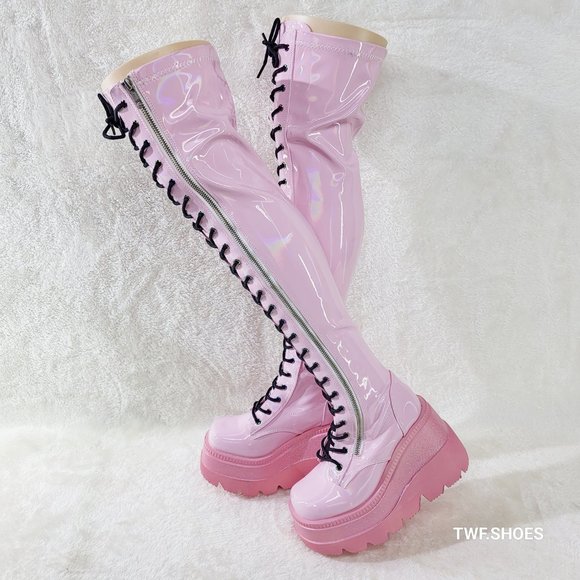 Demonia Factory Color Defect Pink Hologram OTK Platform Thigh Boots - Picture 1 of 14